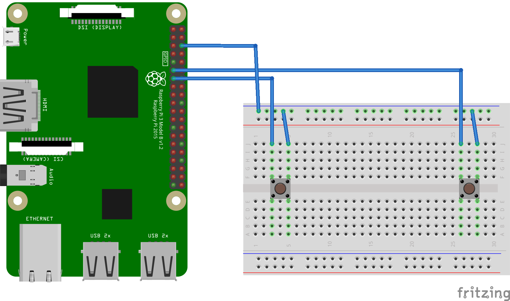 Schéma zapojenia Raspberry Pi - miesto tlačidiel môžete použiť LED diódy alebo bzučiaky