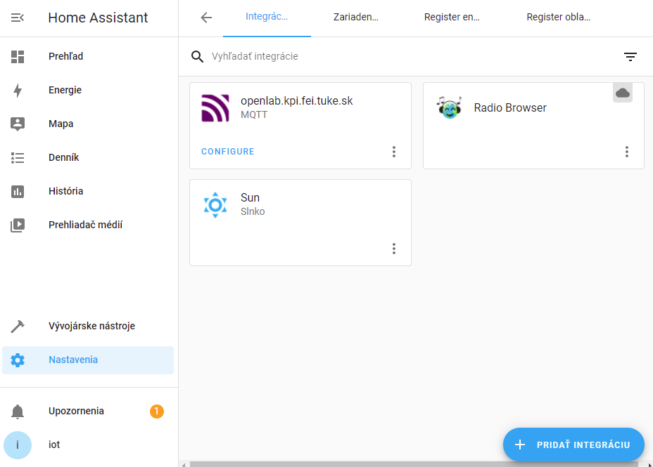 Home-Assistant: Nastavenie integrácií cez nastavenia