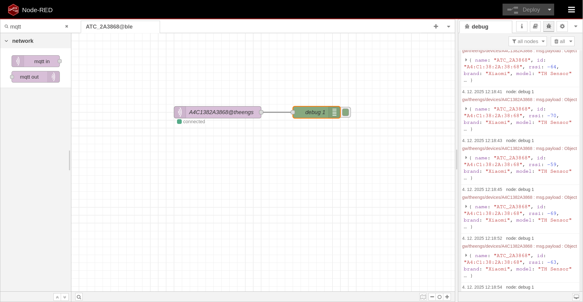 Node-RED: Prichádzajúce správy z chytrého zariadenia