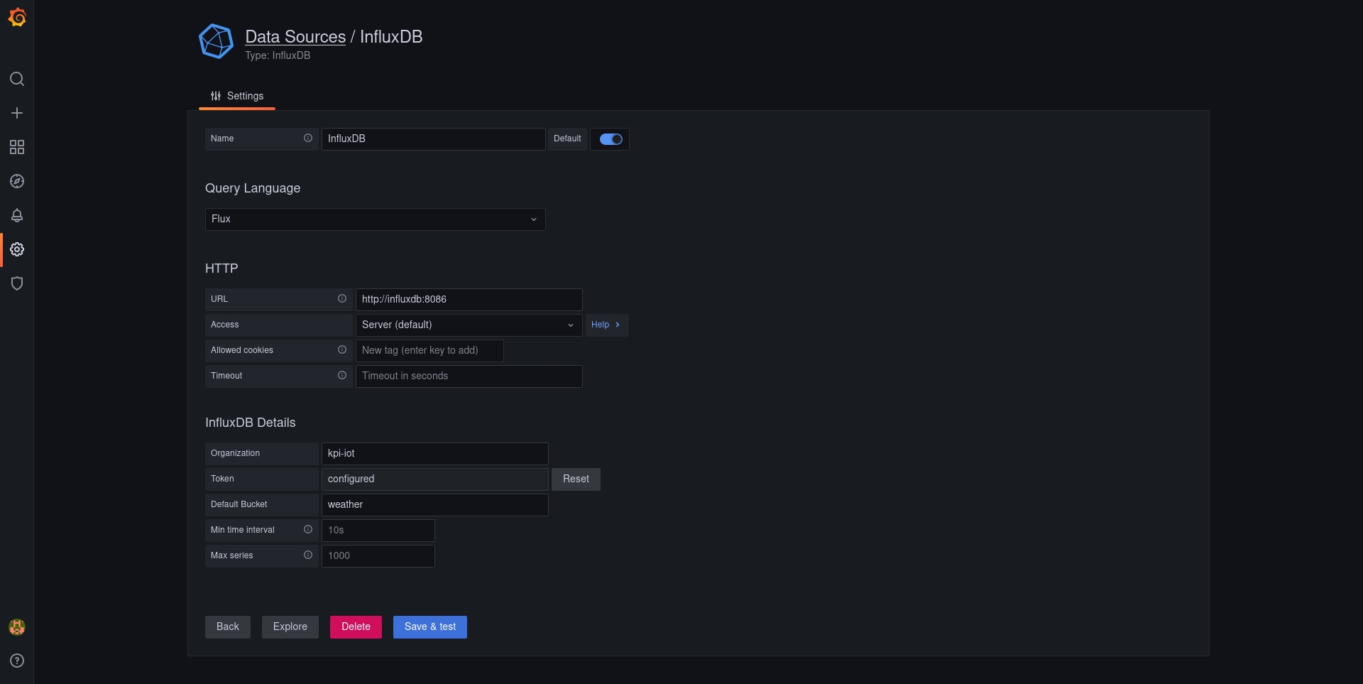 Grafana: Konfigurácia pripojenia k InfluxDB databáze