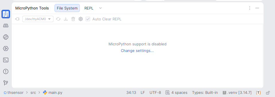 PyCharm: Panel rozšírenia MicroPython Tools