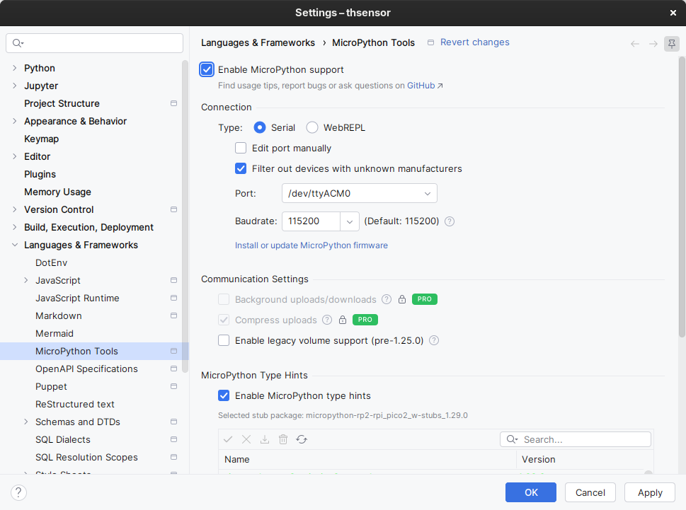 PyCharm: Zapnutie podpory pre jazyk MicroPython v projekte