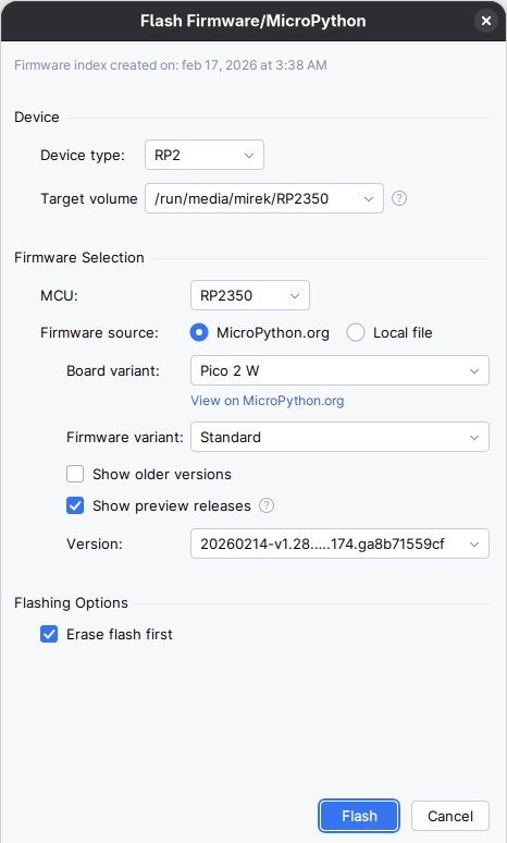 PyCharm IDE: Nastavenie vlastností pre nahratie firmvéru