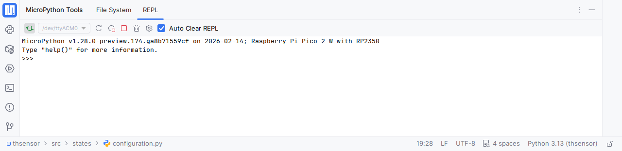 PyCharm IDE: REPL režim na zariadení s nainštalovaným jazykom MicroPython