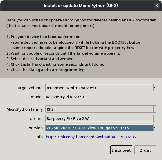 Editor Thonny: Výber dosky a verzie jazyka MicroPython