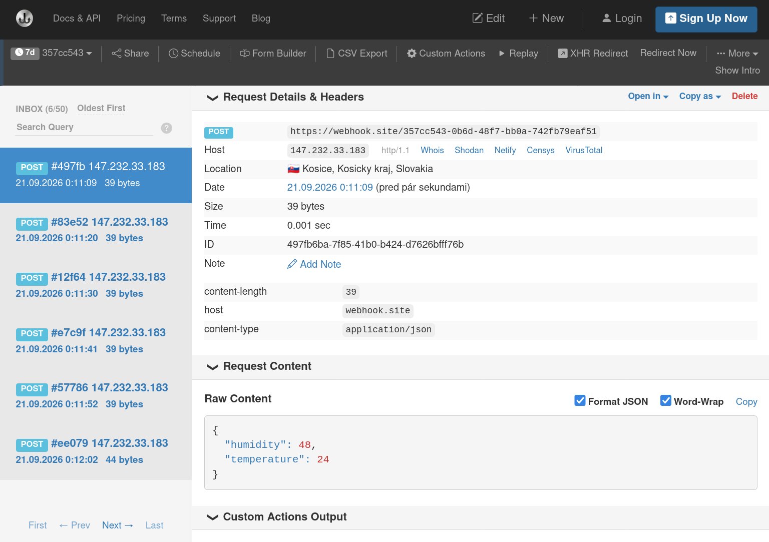 Webhook.site: Prijatý JSON dokument s nameranými hodnotami