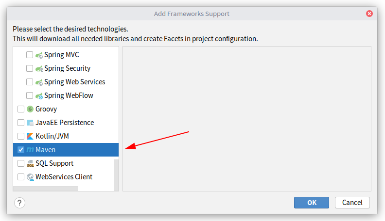 Selecting Maven in the list of frameworks.