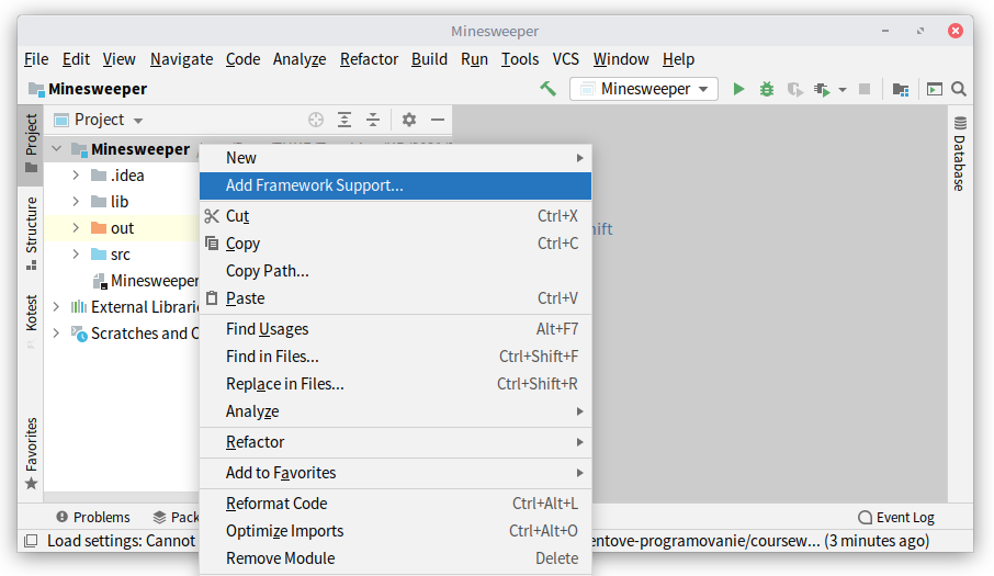 Right-click on the project name opens a context menu where Add Framework Support option is available