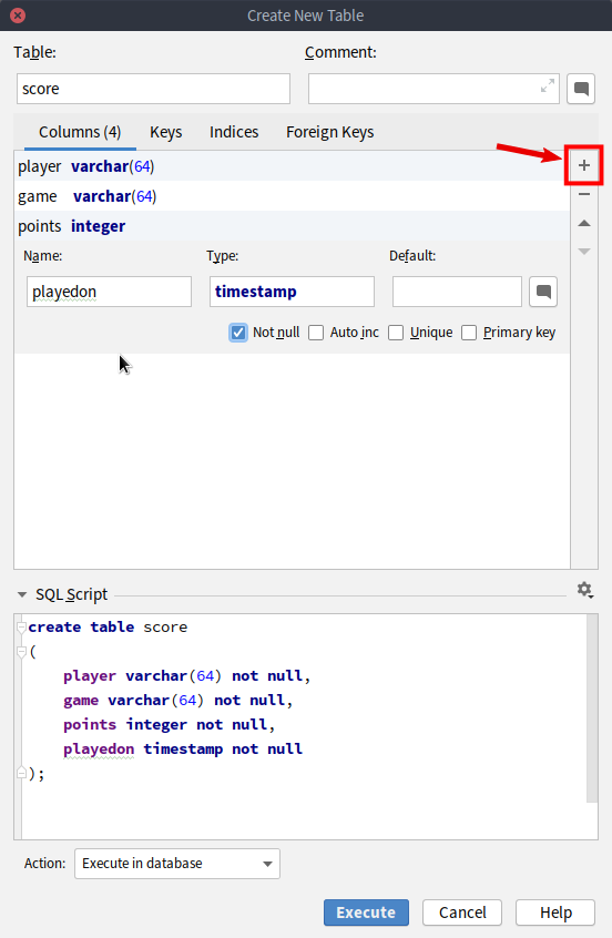 Adding columns into newly created database table