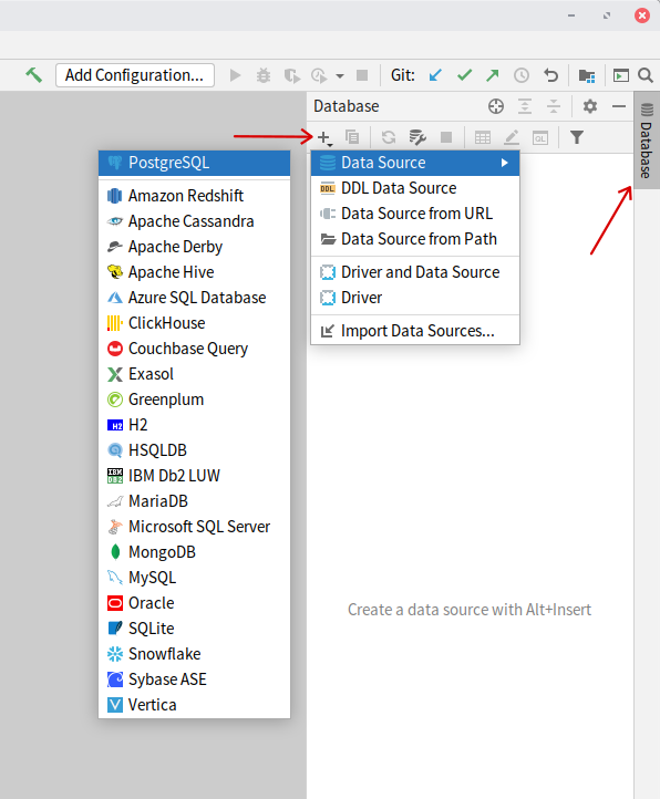 Panel for managing databases in the IntelliJ IDEA, creating a connection to the PostreSQL database