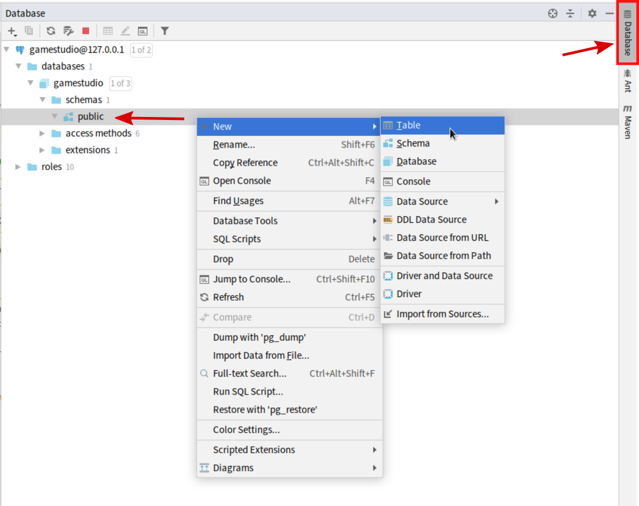 Creation of a database table in the development environment IntelliJ IDEA