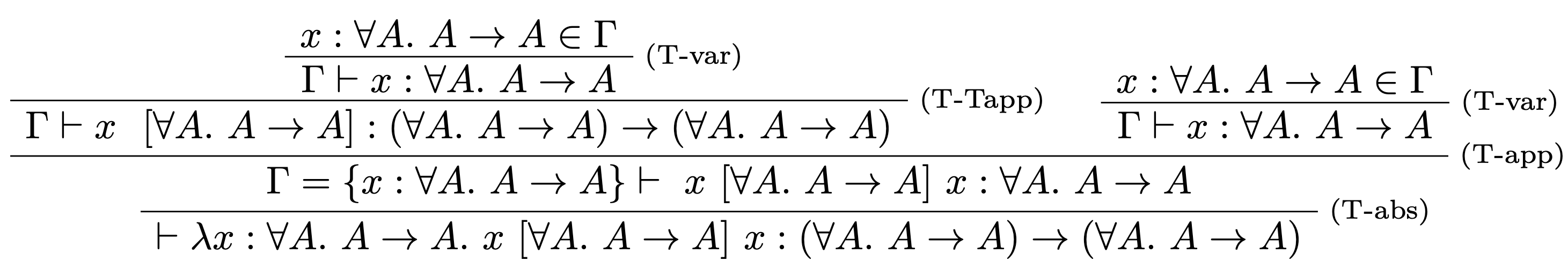 Typové odvodenie termu $\lambda x.x~x$ v Systéme F