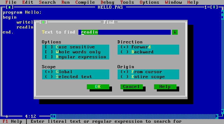 Find dialog of Turbo Pascal